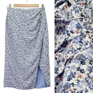 Abercrombie & Fitch Side Slit Midi Skirt Blue Floral Linen Blend Size Small